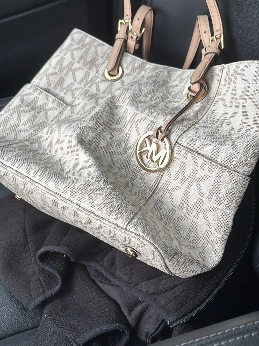 Michael Kors Beige Logo Tote with Tan Leather Straps
